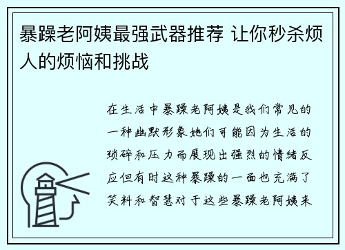 暴躁老阿姨最强武器推荐 让你秒杀烦人的烦恼和挑战